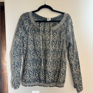 Boho Floral Peasant Prairie Blouse John Robshaw x Lucky Brand Blue Printed Top M